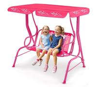 GYMAX Kids Patio Swing Chair, 2 Seats Garden Swing Bench with Adjustable Canopy and Safety Belts, Porch Swinging Lounger Seater for Outdoor Indoor (Pink, 113 x 77 x 111 cm)