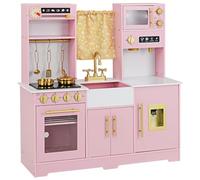 GYMAX Kids Play Kitchen, Pretend Toy Kitchen with Coffee Maker, Stove, Water Dispenser, Microwave, Oven, Sounds, Lights, Curtain & Cooking Accessories, Wooden Children Kitchen for 3+ Years Old (Pink)