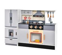 GYMAX Kids Play Kitchen, Wooden Kitchen Playset with Detachable Side Refrigerator, Range Hood, Oven, Ice Maker, Realistic Light & Sound, Large Pretend Toy Kitchen for Toddlers