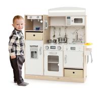 GYMAX Kids Play Kitchen, Wooden Pretend Play Kitchen with Adjustable LED Lights, Coffee Maker, Ice Maker, Removable Storage Bins & 19 Accessories, Toy Kitchen Playset for Boys Girls