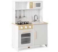 GYMAX Kids Play Kitchen, Wooden Toy Kitchen with Lights, Sounds, Oven, Microwave, Sink and Utensils, Children Cooking Role Playset for 3+ Years Old (White)
