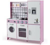 GYMAX Kids Play Kitchen, Wooden Toy Kitchen with Microwave, Ice Maker, Washing Machine, Oven, Stove, Sounds, Lights and Cookware Accessories, Pretend Kitchen Playset for Boys Girls (Pink)