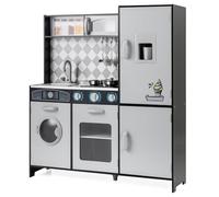 GYMAX Kids Play Kitchen, Wooden Toy Kitchen with Microwave, Ice Maker, Washing Machine, Oven, Stove, Sounds, Lights and Cookware Accessories, Pretend Kitchen Playset for Boys Girls (Grey)
