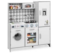 GYMAX Kids Play Kitchen, Wooden Toy Kitchen with Microwave, Ice Maker, Washing Machine, Oven, Stove, Sounds, Lights and Cookware Accessories, Pretend Kitchen Playset for Boys Girls (White)
