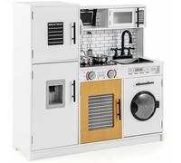 GYMAX Kids Play Kitchen, Wooden Toy Kitchen with Microwave, Water Dispenser, Washing Machine, Oven, Stove, Sounds, Lights, Telephone&Accessories, Children Cooking Role Playset for 3+ Years Old (White)