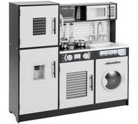 GYMAX Kids Play Kitchen, Wooden Toy Kitchen with Microwave, Water Dispenser, Washing Machine, Oven, Stove, Sounds, Lights, Telephone&Accessories, Children Cooking Role Playset for 3+ Years Old (Black)