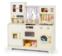 GYMAX Kids Play Kitchen, Wooden Toy Kitchen with Stoves, Coffee Maker, Ice Dispenser, Oven, Microwave, Dishwasher, Cupboard and 14 Accessories, Children Cooking Role Playset for 3+ Years Old