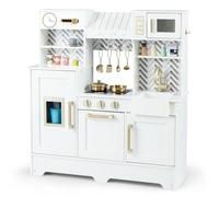 GYMAX Kids Play Kitchen, Wooden Toy Kitchen with Stoves, Microwave, Ice Dispenser, Coffee Station, Range Hood and Accessories, Children Cooking Role Playset for 3+ Years Old