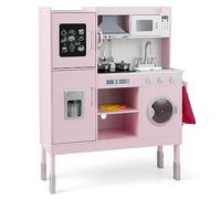 GYMAX Kids Play Kitchen, Wooden Toy Kitchen with Stoves, Microwave, Ice Maker, Fridge, Telephone, Wash Machine, 16 PCS Accessories, Sounds & Lights, Height Adjustable Kitchen Playset for Girls Boys