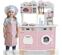 GYMAX Kids Play Kitchen, Wooden Toy Kitchen with Stoves, Microwave, Washing Machine, Oven, Coffee Maker, Sink and Cookware Accessories, Pretend Children Kitchen for 3+ Years Old (Pink)