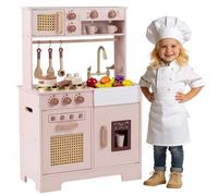 GYMAX Kids Play Kitchen, Wooden Toy Kitchen with Stoves, Oven, Ice Machine, Microwave, Coffee Maker, Accessories, Lights and Sounds, Cooking Role Playset for 3+ Years Old (Pink)
