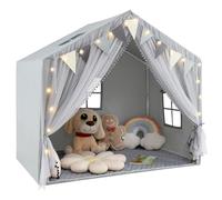 GYMAX Kids Play Tent, Indoor Large Play House with Padded Mat, Door Curtains, Windows, Star Lights & Flags, Toddler Fairy Castle Tent for Girls Boys Gift (Grey)