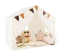 GYMAX Kids Play Tent, Indoor Large Play House with Padded Mat, Door Curtains, Windows, Star Lights & Flags, Toddler Fairy Castle Tent for Girls Boys Gift (Beige)