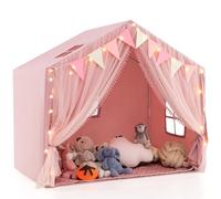 GYMAX Kids Play Tent, Indoor Large Play House with Padded Mat, Door Curtains, Windows, Star Lights & Flags, Toddler Fairy Castle Tent for Girls Boys Gift (Pink)