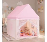 GYMAX Kids Play Tent, Large Wooden Playhouse with Washable Mat and Windows, Indoor Outdoor Toddler Castle Fairy Tent (Pink)