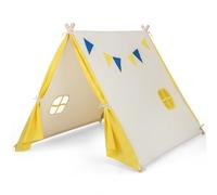GYMAX Kids Play Tent, Wooden Children Large Playhouse Tent with Cute Window & Flags, Portable Triangular Playhouse for Indoor and Outdoor