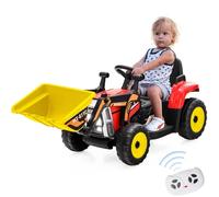 GYMAX Kids Ride on Bulldozer, 12V Battery Powered Toy Car with Remote Control, Light, Music, USB, Adjustable Arm & Bucket, Slow Start, Children Electric Excavator for 3-8 Years Old (Red+Black)