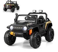 GYMAX Kids Ride on Car, 12V Battery Powered Car with Remote Control, Lights, Music, Horn, Storage Box, Safety Belt & Slow Start, Children Electric Truck for 3 Years Old +, Max Weight 100kg (Black)