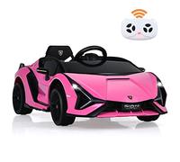 GYMAX Kids Ride on Car, 12V Battery Powered Licensed Lamborghini Toy Car with Remote Control, MP3, USB, TF Card Slot & Safety Belt, Children Electric Vehicle for 3-8 Years Old Boys Girls (Pink)