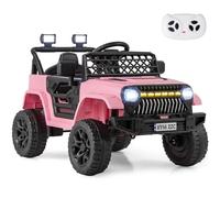 GYMAX Kids Ride on Car, 12V Battery Powered Toy Car with Remote Control, Lights, Music, Horn, Bluetooth, USB, Shock Suspension and Slow Start, Children Electric Off Road Truck for 3 Years Old+ (Pink)