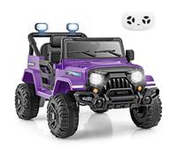 GYMAX Kids Ride on Car, 12V Battery Powered Toy Car with Remote Control, Lights, Music, Horn, Wireless Connection and Slow Start, Children Electric Off Road Truck for 3 Years Old+ Boys Girls (Purple)