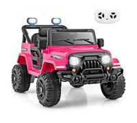 GYMAX Kids Ride on Car, 12V Battery Powered Toy with Remote Control, Lights, Music, Horn, Wireless Connection and Slow Start, Children Electric Off Road Truck for 3 Years Old+ Boys Girls (Rose Red)