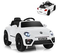 GYMAX Kids Ride on Car, 12V Licensed Volkswagen Beetle Battery Powered Car with Remote Control, Bluetooth, USB, FM, Music, Spring Suspension&Slow Start, Children Electric Vehicle for Girls Boys(White)