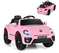 GYMAX Kids Ride on Car, 12V Licensed Volkswagen Beetle Battery Powered Car with Remote Control, Bluetooth, USB, FM, Music, Spring Suspension&Slow Start, Children Electric Vehicle for Girls Boys (Pink)