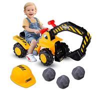 GYMAX Kids Ride on Car, Children Toy Excavator with Adjustable Bucket, Safety Helmet, Horn and Underneath Storage, Toddlers Push Along Truck for 3 Years Old + Boys Girls (89 x 30 x 45 cm)