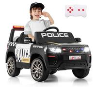 GYMAX Kids Ride on Police Car, 12V Battery Powered Car with Remote Control, Wireless Connection, USB, Music, Radio, Horn and Siren Flashing Lights, Children Electric Vehicle for 3-8 Years Old (Black)