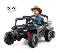 GYMAX Kids Ride on Tractor and Trailer, 12V Battery Powered Toy Car with Remote Control, Light, Music and Spring Suspensions, 2-in-1 Children Electric Car for 3+ Years Old (Black)