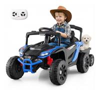 GYMAX Kids Ride on Tractor and Trailer, 12V Battery Powered Toy Car with Remote Control, Light, Music and Spring Suspensions, 2-in-1 Children Electric Car for 3+ Years Old (Black + Blue)