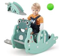 GYMAX Kids Rocking Horse, 3 in 1 Freestanding Slide with Basketball Hoop, Indoor Rocking Toy Toddler Slide for 1.5-3 Years Old Boys Girls (Green)