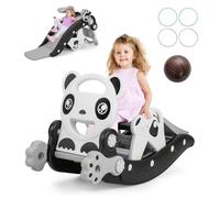 GYMAX Kids Rocking Horse, 5 in 1 Toddler Slide with Basketball Hoop & Ring Game, Indoor Rocking Toy Children Freestanding Slide for 1-5 Years Old Boys Girls (Black+Grey)