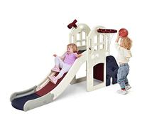 GYMAX Kids Slide, 6 in 1 Freestanding Slides w/ Basketball Hoop, Ball, Telescope, Ring Toss & Mini Pump, Indoor Childrens First Slide for Toddlers 3-8 Years, Blue, 190x81x98 cm (LxWxH) (GYTS10024)