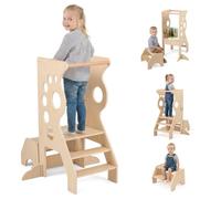 GYMAX Kids Step Stool, 3-in-1 Wooden Kitchen Helper Stand with 2 Step Stool, Montessori Games and Removable Safety Bar, Toddler Table and Chair Set for 3+ Years Old