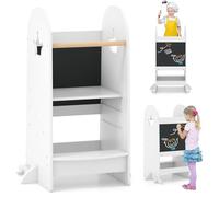 GYMAX Kids Step Stool, Wooden Kitchen Helper Stand with Adjustable Height and Double-sided Chalkboard, Toddler Learning Tower for 3+ Years Old