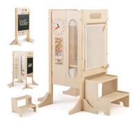 GYMAX Kids Step Stool, Wooden Kitchen Helper Stand with Chalkboard, 2 Step Stool, Montessori Activity Games, Foldable Toddler Standing Tower for Boys & Girls Aged 3+ Years Old