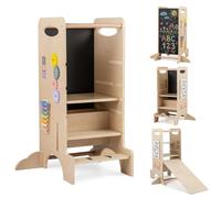 GYMAX Kids Step Stool, Wooden Kitchen Helper Stand with Chalkboard, Montessori Games, 3-Level Adjustable Height, Anti-Slip Feet and Safety Rails, Toddler Standing Tower for Aged 3+ Years Old