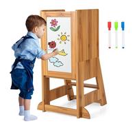 GYMAX Kids Step Stool, Wooden Kitchen Toddler Helper Stand with Adjustable Height, Chalkboard & Whiteboard, Baby Tower Lightweight Stepladder (Natural)