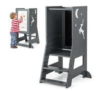 GYMAX Kids Step Stool, Wooden Kitchen Toddler Helper Stand with Adjustable Height, Chalkboard & Whiteboard, Baby Tower Lightweight Stepladder (Gray)