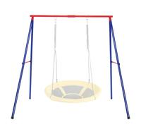 GYMAX Kids Swing Frame, Heavy Duty Metal Swing Stand with Ground Stakes, Garden Single Swing A Frame for Outdoor Indoor, 250kg Weight Capacity (Red+Blue)