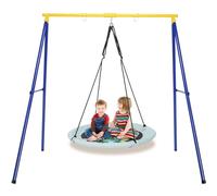 GYMAX Kids Swing Set, Heavy Duty Metal Swing Frame with Adjustable Round Swing, Outdoor Children Nest Swing Playset for Playground Garden Backyard (Green + Yellow)