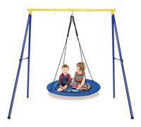 GYMAX Kids Swing Set, Heavy Duty Metal Swing Frame with Adjustable Round Swing, Outdoor Children Nest Swing Playset for Playground Garden Backyard (Blue + Yellow)