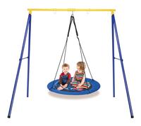 GYMAX Kids Swing Set, Heavy Duty Metal Swing Frame with Adjustable Round Swing, Outdoor Children Nest Swing Playset for Playground Garden Backyard (Navy Blue + Yellow)