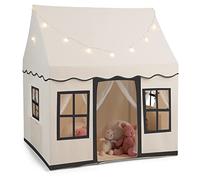 GYMAX Kids Tent, Indoor Children Playhouse with Washable Mat, Star Lights & Windows, Large Play Tent for 3-10 Years Old Girls Boys (Beige+Black)