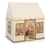 GYMAX Kids Tent, Indoor Children Playhouse with Washable Mat, Star Lights & Windows, Large Play Tent for 3-10 Years Old Girls Boys (Beige+Coffee)