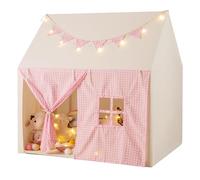 GYMAX Kids Tent, Large Play Tent with Padded Mat, Star Lights, Flags, Windows & Storage Pockets, Outdoor Indoor Children Playhouse Gift for 3-8 Years Old Boys Girls (Pink+Beige)