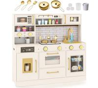 GYMAX Kids Toy Kitchen, Children Play Kitchen with Realistic Lights, Sounds, Range Hood, Ice Dispenser and Dishwasher, Wooden Cooking Role Playset for 3+ Years Old