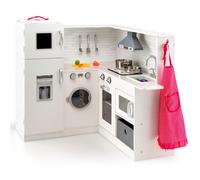 GYMAX Kids Toy Kitchen, Wooden Corner Play Kitchen with Lights, Sounds, Washing Machine, Range Hood, Ice Dispenser, Apron & Chef Hat, Children Role Play Kitchen for 3 Years Old + (White)